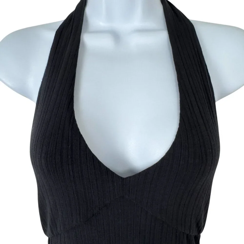 L*Space Black Bodycon Tie Halter Dress Size SM Maxi Ribbed Stretchy Casual LBD